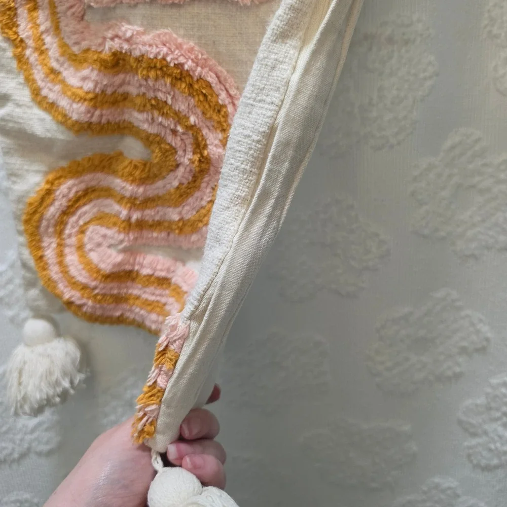 Nomad West Tufted Wavy Rainbow Lumbar Pillow Cover Cream‎ Mustard Pink Tassels